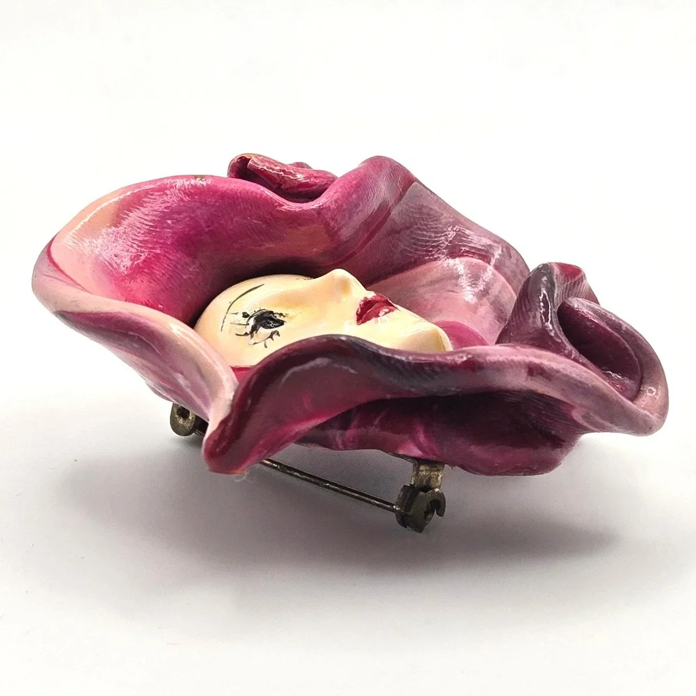Handmade Lady Face Clay Brooch Pink Purple Marbled Hat Rose Art Deco Style